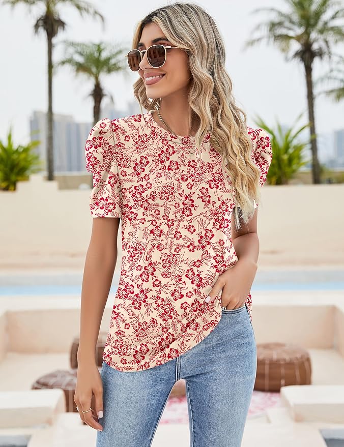 Ivicoer Puff Short Sleeve Shirt for Women Eyelet Tops Summer Crewneck Blouse Loose Fit S-XXL - Image 3