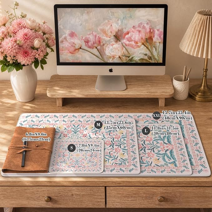 iCasso Aesthetic Desk Mat,31.5x11.8in Mouse Pads, Pink Floral | Anti-Slip Mousepad with Stitched Edges, Waterproof Computer Pad , Desk Accessories Office Decor for Women - Image 2
