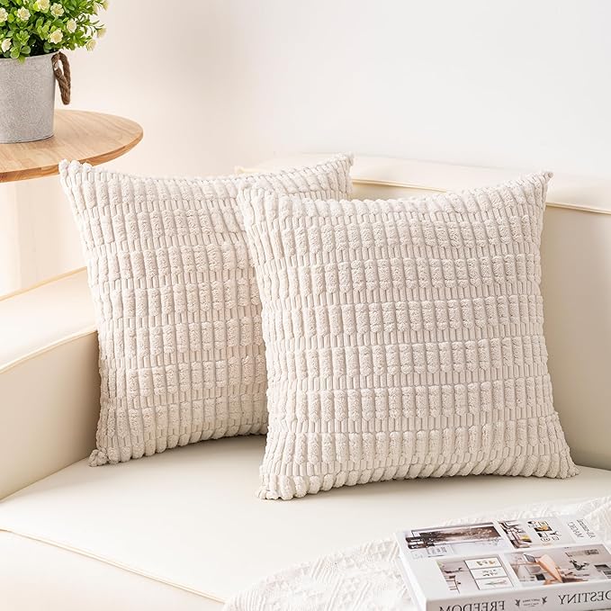 Aegero Pack of 2 Corduroy Decorative Throw Pillow Covers 22x22 Inch Soft Striped Pillow Covers Modern Farmhouse Home Decor for Sofa Living Room Couch Bed（Cream White） by Unknown