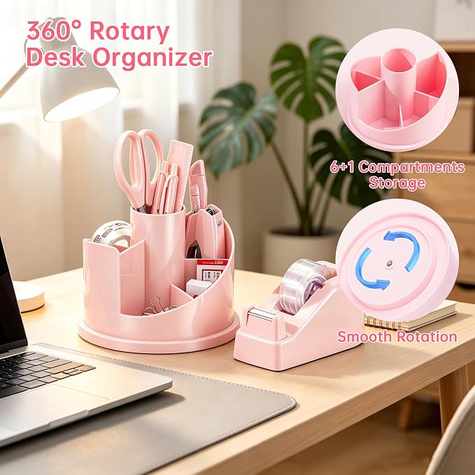 deli Office Supplies Set, Desk Accessory Organizer Kit, Pink | Stationary Set, Desk Supplies with Rotating Multi-Functional Pen Holder &Stapler Set for Office, School, Home - Image 4