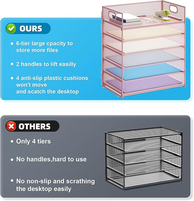Marbrasse 6 Tier Paper Organizer Letter Tray - Mesh Desk File Organizer with Handle, Paper Sorter for Letter/A4 Office File Folder Holder -Pink - Image 2