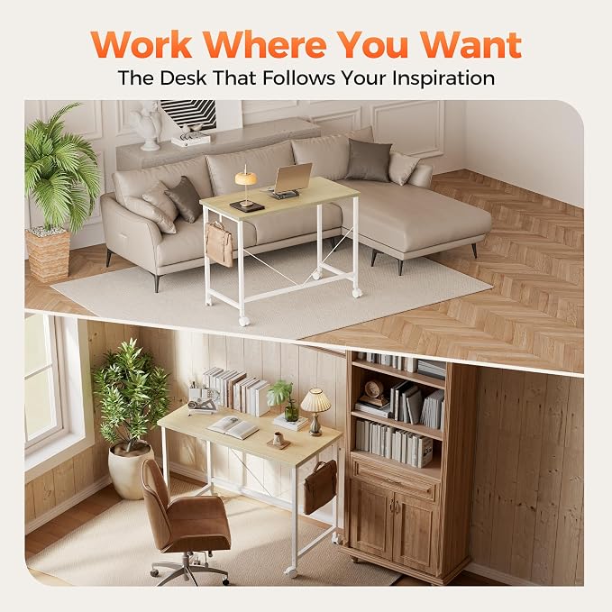Mericonia 32x16 Inch Computer Desk with Wheels, Small Simple Rolling Desk | Writing Table for Home Office Bedroom Work Study, Oak - Image 3