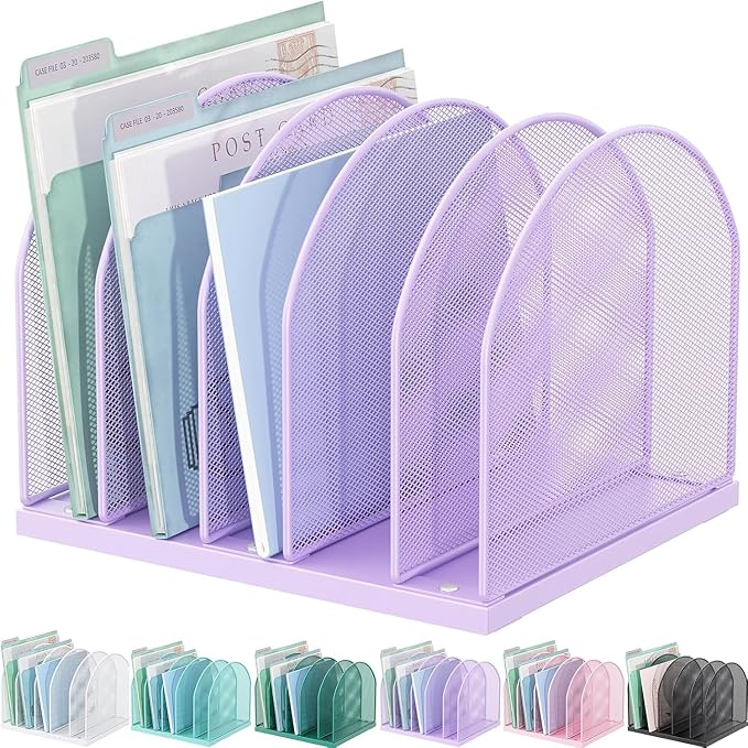 gianotter Desktop File Organizer with 5 Compartments | Desk Organizer Paper Organizer for Desk Workspace Organizers for Office Supplies (Purple, Upright Style) by gianotter