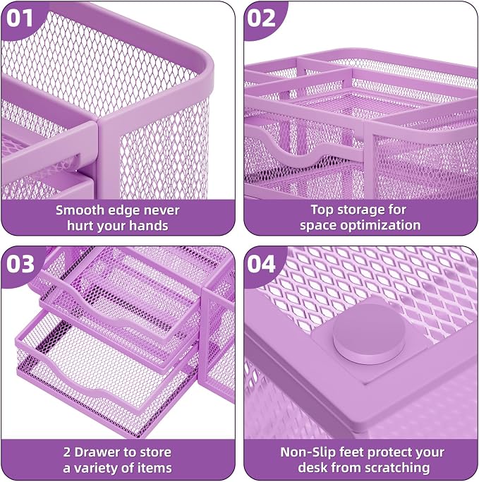 Marbrasse Mesh Desk Organizer, Pen Holder with 2 Drawer, Multi-Functional Pencil Holder, Desk Organizers and Accessories with 5 Compartments + Drawer for Office Art Supplies (Purple) - Image 7
