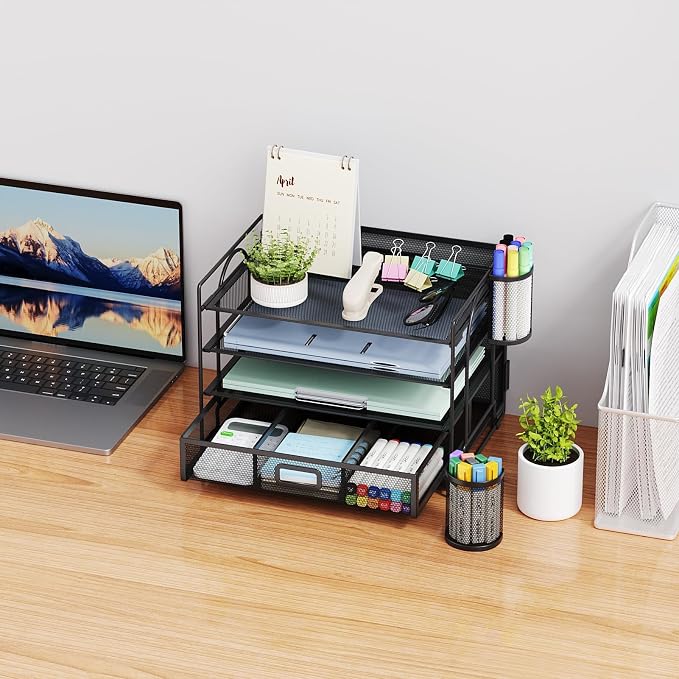 Marbrasse Desk Organizer, 4-Tier Paper File Letter Tray, Black | Sturdy Paper Tray, File Holder, Built-in Drawer, 2 Pen Slots, fits Letters/Files, for School Home Office Supplies - Image 5