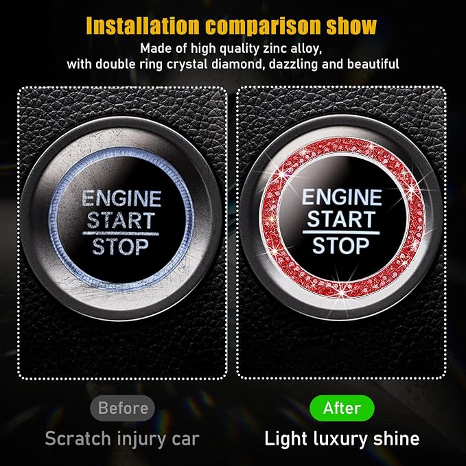 Kewucn 2 PCS Bling Crystal Double Rhinestone Car Engine Start Decoration Ring, Sparkling Push Start Button Sticker, Key Ignition & Knob Ring Decoration, Bling Car Interior Accessory(Red) - Image 3