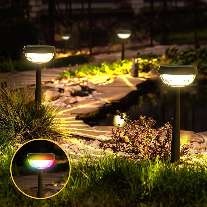 Ensenior Solar Pathway Lights IP65 Waterproof, RGB Color Changing & 3000K Warm White, 8-16Hr Runtime, Flower Pattern Garden Lights for Walkway Porch Yard - 10 Pack - Image 5