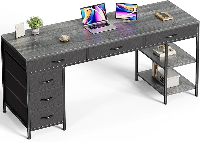 Huuger Computer Desk with 6 Drawers, Office Desk with Shelves, Reversible Gaming Desk, Corner Desk with Storage, Work for Home Office, Study, Living Room, 63inch, Grey by Huuger