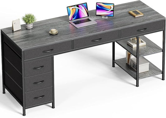 Huuger Computer Desk with 6 Drawers, Office Desk with Shelves, Reversible Gaming Desk, Corner Desk with Storage, Work for Home Office, Study, Living Room, 63inch, Grey by Huuger