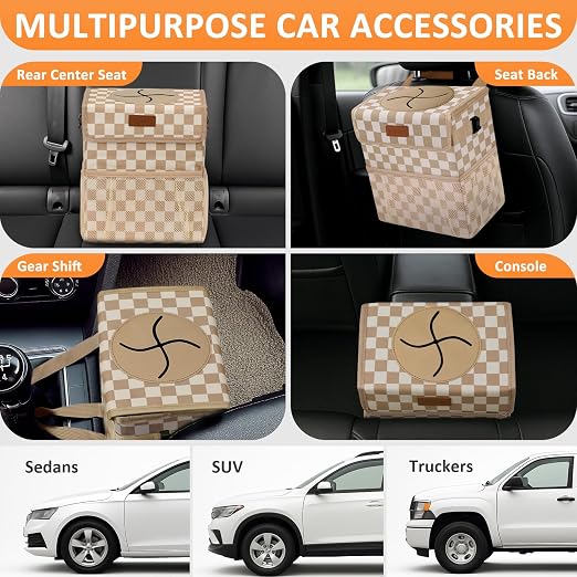 Vankor Car Trash Can Bin with Lid Hanging for Back Seat, Car Accessories for Women Men Leak Proof Automotive Garbage Cans Leakproof Vehicle Trash Can for Truck SUV,Khaki Checkered - Image 5