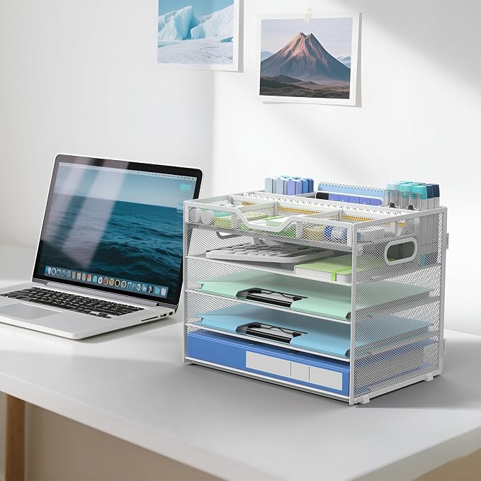 Docnest 5 Tier Mesh Desk Organizer with Removable Tray&Pen Holder, White | Features 3 detachable pen holders and 4 removable dividers.Versatile mesh desktop storage for mail, document,office supplie - Image 6