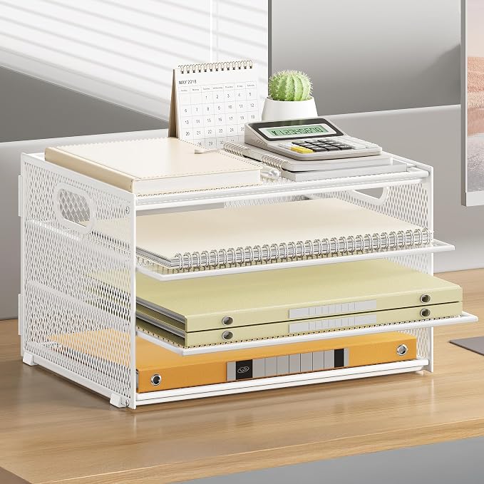 Subekyu Paper Letter Tray Organizer for Desk, White Metal Mesh Desk File Sorter Organizer with Handle and 2 Sliding Trays for Home Office School Supplies Organization - Image 2