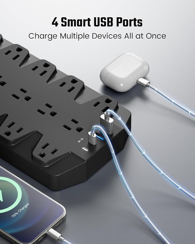 Power Strips with Surge Protection 10 FT, SUPERDANNY 18 AC Outlets and 4 USB Ports, Flat Plug Heavy Duty Extension Cord, 1875W/15A, 2100 Joules for Home, Office, Dorm, Black - Image 4