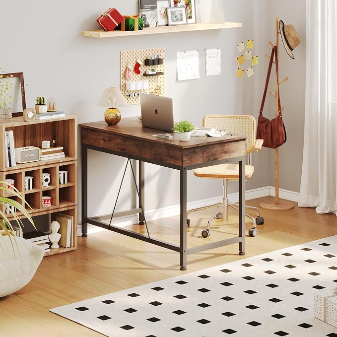 Mexin Small Desk with 2 Wooden Drawers, 40 Inch Home Office Writing Desk, Vanity Desk with Storage, Computer Desk for Bedroom Small Spaces, Table for Office, Kids Study, Makeup, Rustic Brown - Image 2