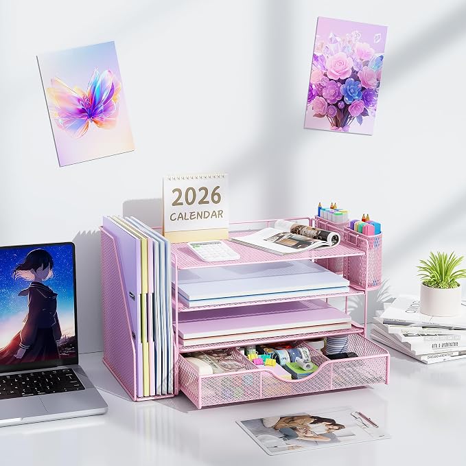 gianotter Desk Organizers and Accessories with File Holder, 4-Tier Desk Accessories & Workspace Organizers with Drawer and 2 Pen Holder, Paper Organizer for Office Supplies (Pink) - Image 7