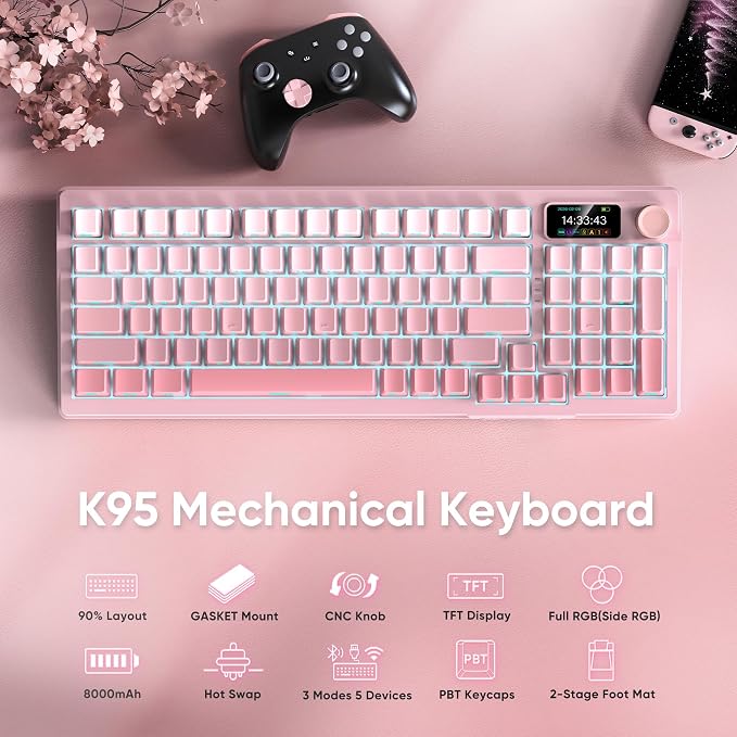 RedThunder K95 Wireless Mechanical Keyboard, TFT Screen & Knob, Triple-Mode, Custom Gasket Mount Hot-Swap, Pre-lubed Linear Pink Switches, RGB Backlit, Side-Printed PBT Keycaps, Gradient Sakura Pink - Image 2