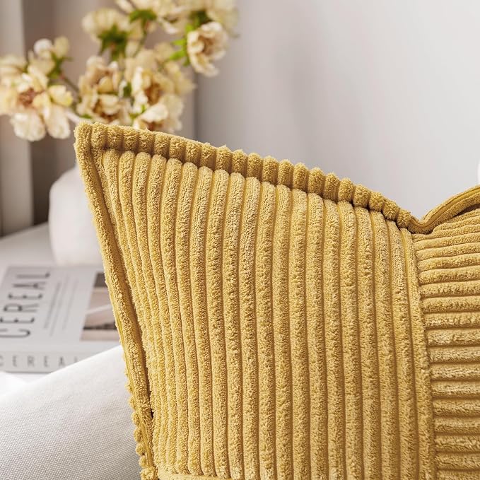 MIULEE Decorative Lumbar Throw Pillow Covers for Couch Bed Livingroom 12x20 Inch Set of 2 Gold Boho Accent Throw Pllows Broadside Striped Patchwork Soft Corduroy Summer Pillowcases - Image 2