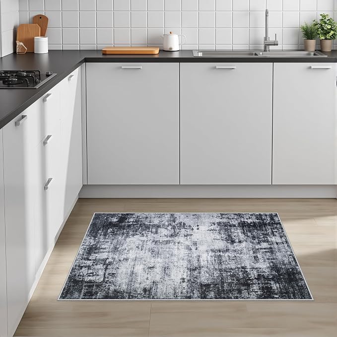 Washable Area Rug 2x3 Entryway Rug: Washable Modern Abstract Soft Thin Rug Indoor Floor No Slip Stain Resistant Carpet for Bedroom Dining Room Farmhouse Nursery Home Office - Dark Black - Image 4