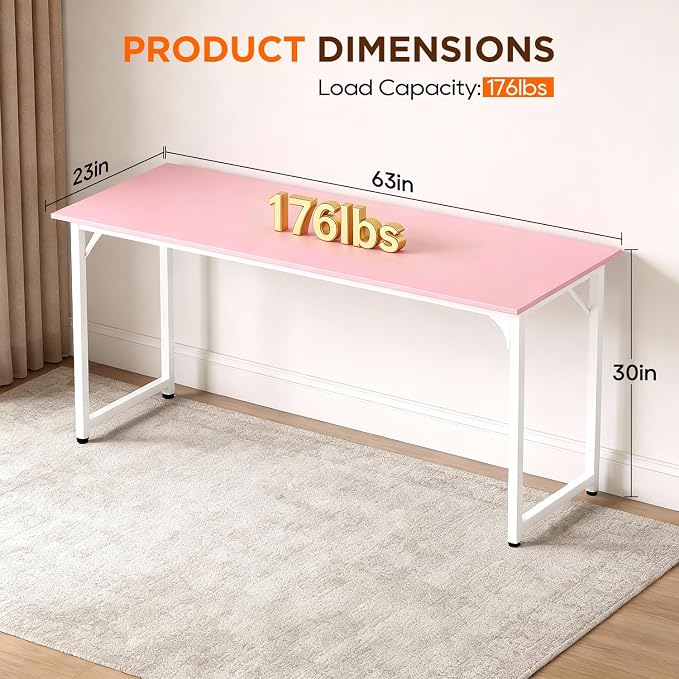 PayLessHere | 63 Inch Computer Desk | Pink | Office Desk with Metal Frame, Adjustable Feet | Water-Resistant, Scratchproof Surface | Sturdy Writing Table for Home Office or Study | Pack of 1 - Image 3