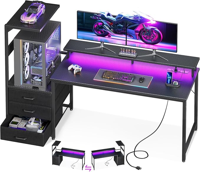 AODK 63 inch Gaming Desk with PC Display Stand, Reversible Steel Wood Computer Desk for Gaming Setup, Tiered Design to Show Off Your PC Tower & Accessories, Black by AODK