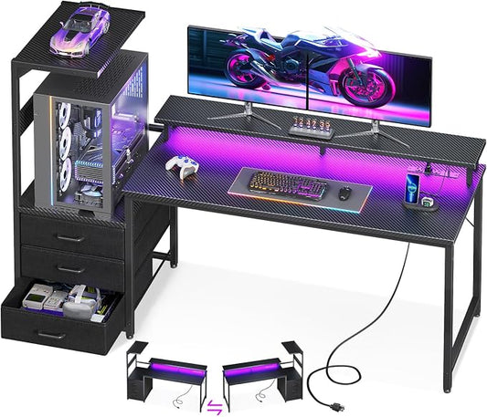 AODK 63 inch Gaming Desk with PC Display Stand, Reversible Steel Wood Computer Desk for Gaming Setup, Tiered Design to Show Off Your PC Tower & Accessories, Black by AODK