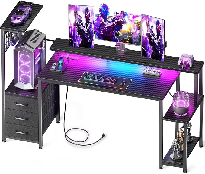 Korfile 55 Inch Gaming Desk with Bluetooth LED Lights & Power Outlets,Computer Desk with Fabric Drawers & Hooks,Reversible Gamer Table with Monitor Stand for Game Room,Home Office,Carbon Fiber Black | Reversible，Computer Desk, Gamer Table, Bluetooth LE... by Korfile