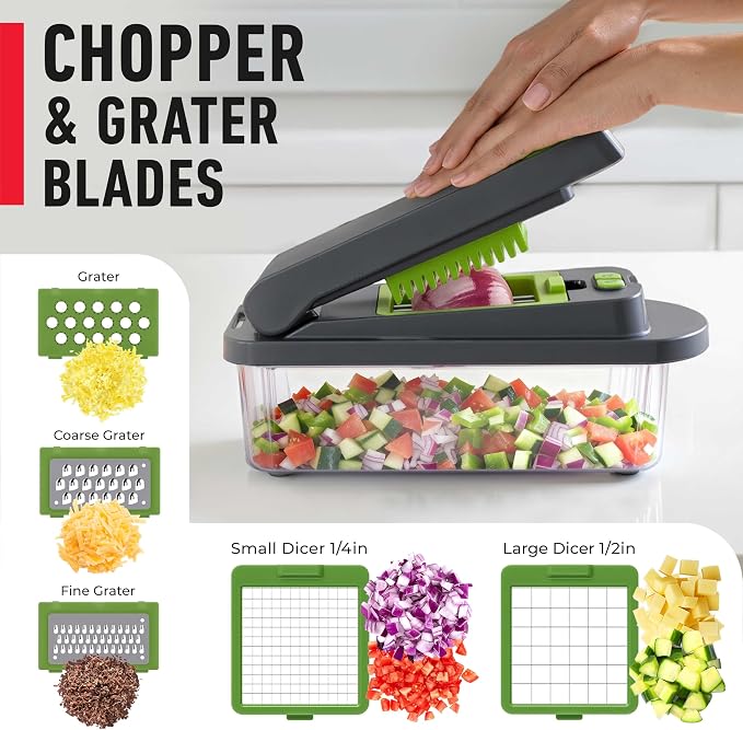MUELLER HOME Pro-Series 10-in-1 Vegetable Chopper with Container, 8 Blade | Fruit Cutter, Dicer, Tomato Slicer, French Fry Cutter Potato Slicer, Salad Chopper, Gray/Green - Image 5