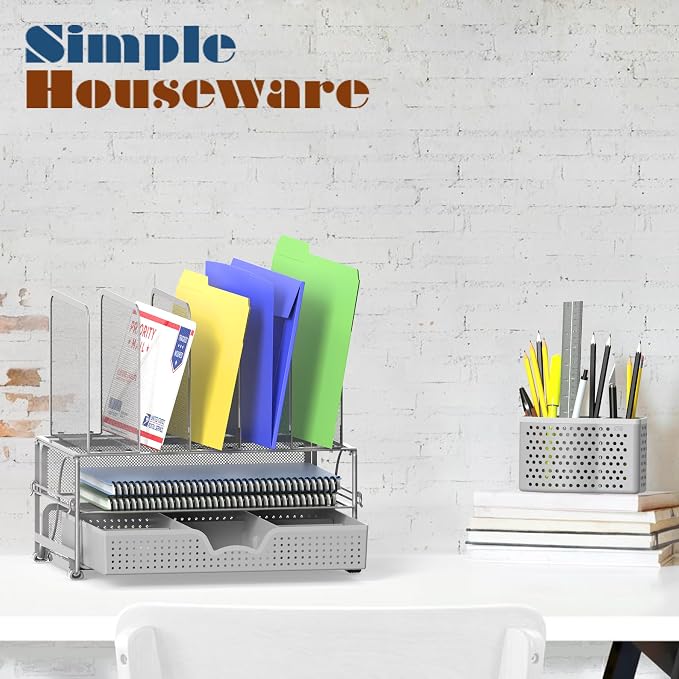 Simple Houseware Desk File Organizer for Office Supplies w/Drawer, Silver | Double Tray, Pencil Holder, and 5 Upright Sections with Sliding Drawer - Image 7