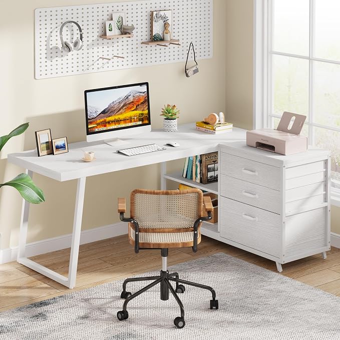 Tribesigns L-Shaped Computer Desk with 3 Drawers, Reversible Corner Home Office Desk with Shelves, 53-Inch Industrial PC Desk Study Writing Table Workstation for Small Space, White - Image 6