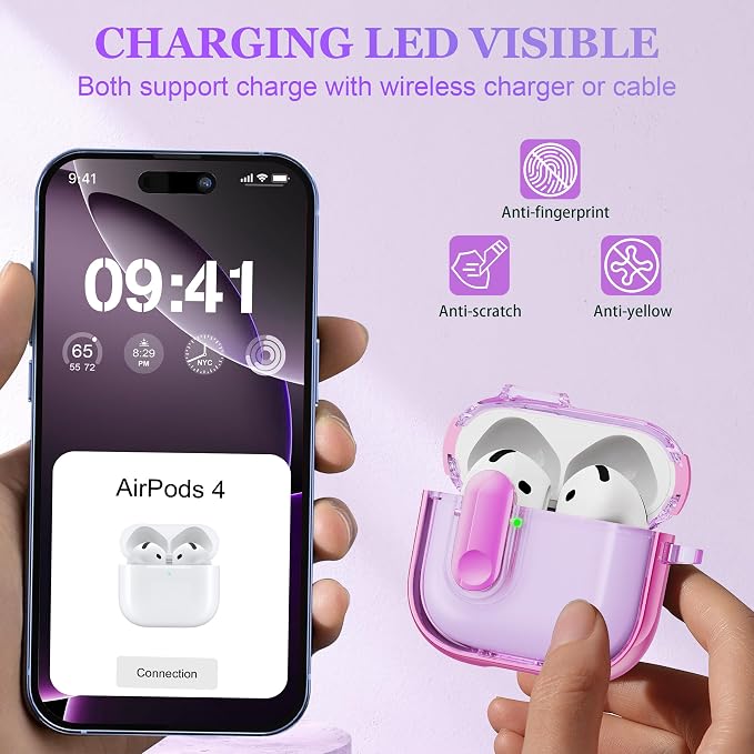 for AirPods 4th Generation Case 2024 with Bright Plated Bezel and Switches, Military-Grade Shockproof Transparent Anti-Yellowing for AirPods 4 Cover, Purple - Image 3
