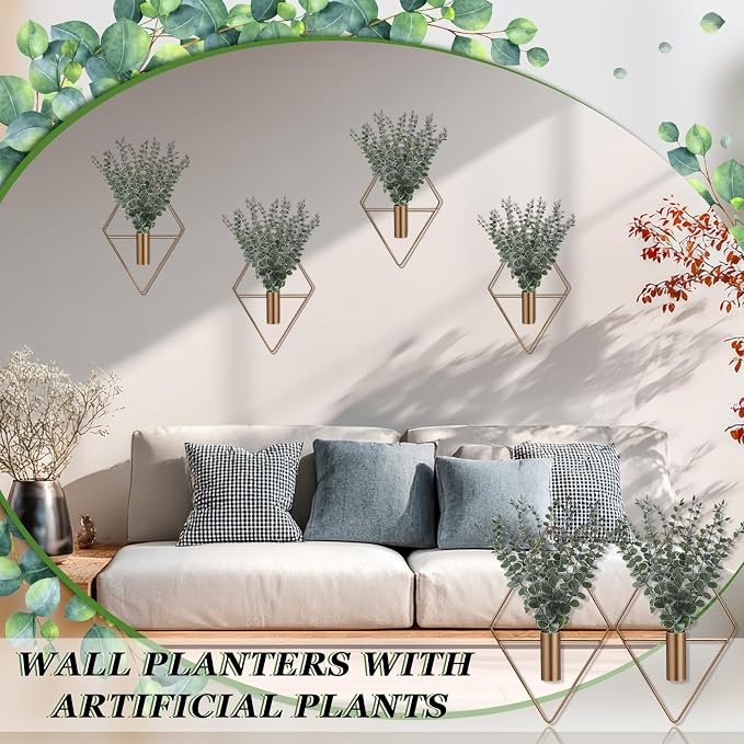 Jexine 8 Pcs Hanging Planters with Artificial Eucalyptus Metal Hanging Vase Indoor Plants Holder Modern Geometric Boho Bathroom Wall Decor for Living Room Home Office (Eucalyptus,Bronze) - Image 4