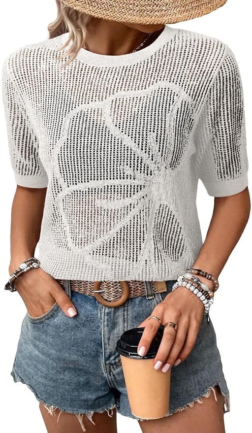 Dokotoo Womens Summer Short Sleeve Crochet Tops Hollow Out Floral Sweaters Beach Vacation Cruise Outfits by Dokotoo
