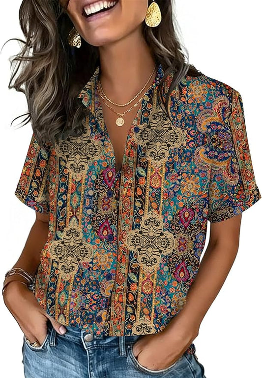 Zeagoo Button Down Shirts for Women Short Sleeve Collared Tops Dressy Casual V Neck Blouses by Zeagoo