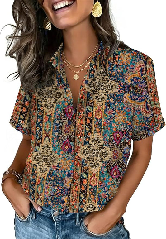 Zeagoo Button Down Shirts for Women Short Sleeve Collared Tops Dressy Casual V Neck Blouses by Zeagoo