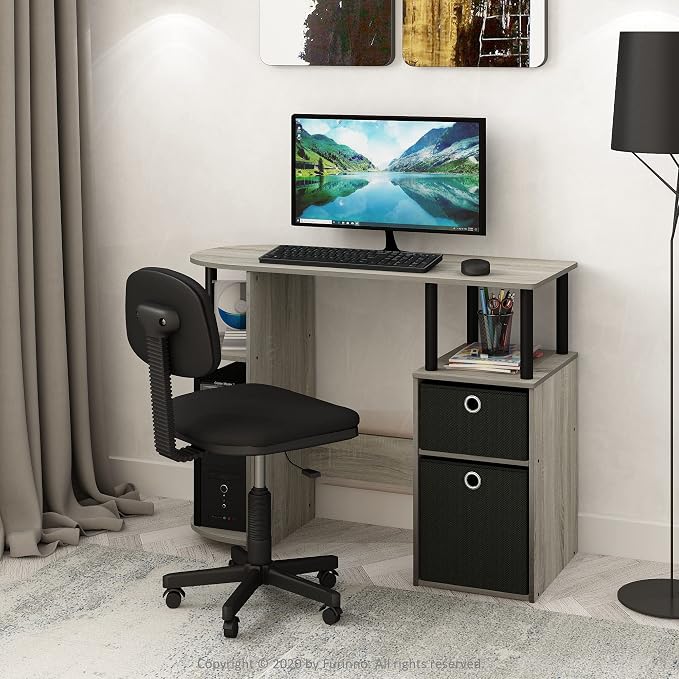 Furinno JAYA Desk, 38.4" Wide Gaming Desk with Bin Drawers, Computer Desk with Side Shelf, Office Desk for Study, Home Office, Bedroom, Dorm, Study Room, French Oak - Image 2