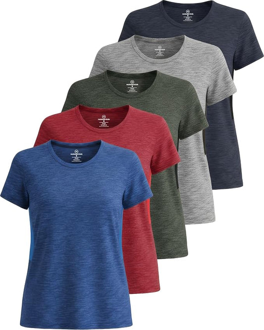 5 Pack Women's Dry Fit Short Sleeve Athletic Gym Workout Running Tops | Available in Plus Size, Exercise, Sports, Fitness, Quick Dry, Cooling, Moisture Wicking, Loose Basic Tees, Yoga, Pilates by RealEssentials