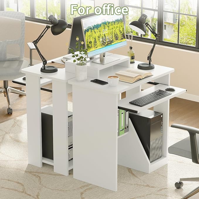 ALISENED 30 Inch Computer Desk, with Keyboard Tray & Monitor Stand | Compact Desk for Space-Saving, Ergonomic Study Desk with Storage Shelves for Writing, Gaming, Working, White - Image 2