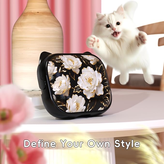 for AirPods Pro 2 Case with Cleaning Kit, Cute Cat Ear Print Design & Cute Buckle for Girls, Phone Holder & Top Safe Lock Buckle Design for AirPods Pro 2nd/1st Gen case, Black Peony - Image 2
