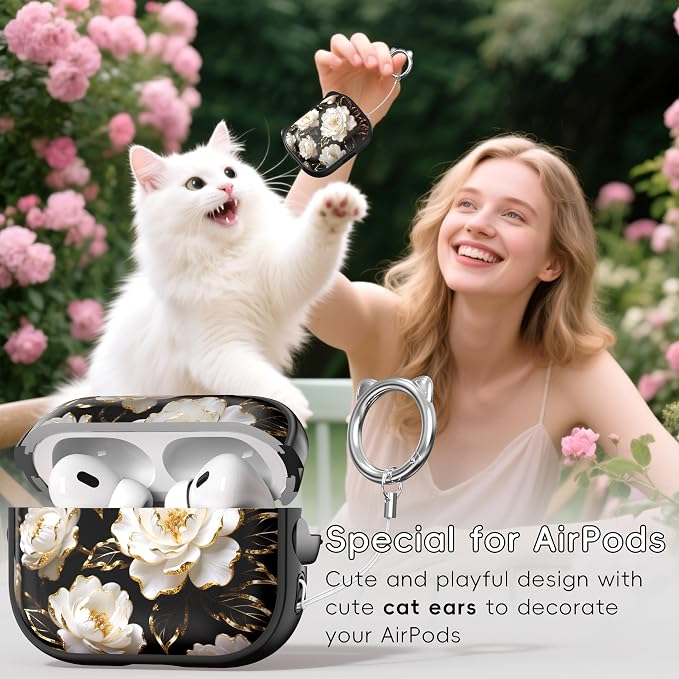 for AirPods Pro 2 Case with Cleaning Kit, Cute Cat Ear Print Design & Cute Buckle for Girls, Phone Holder & Top Safe Lock Buckle Design for AirPods Pro 2nd/1st Gen case, Black Peony - Image 3