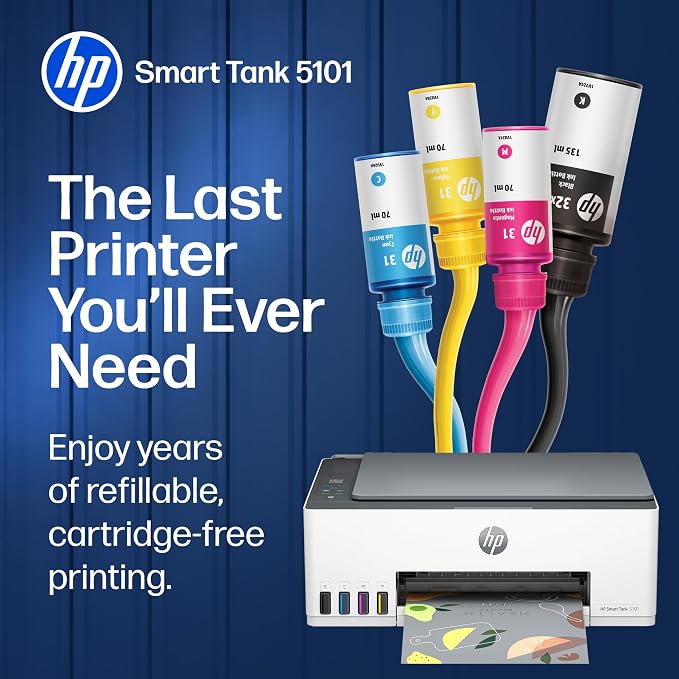 HP Smart Tank 5101 Wireless All-in-One Refillable Printer, Scanner, Copier with 2 Years of Ink Included, Wireless (2.4ghz only) Printer-for-Home use (1F3Y0A) - Image 3