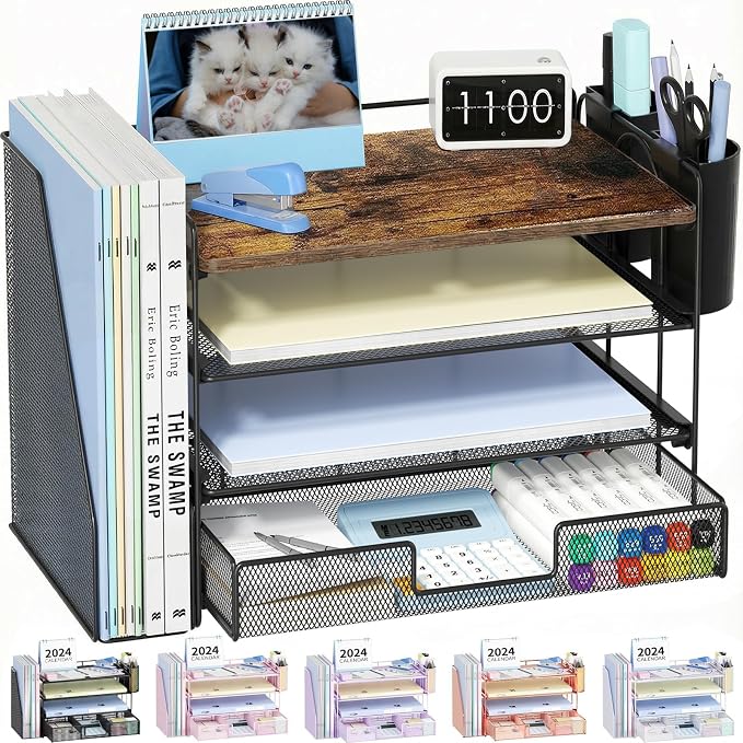 OPNICE Desk Organizer, 4-Tier Desktop File Organizer with Drawer and Pen Holders, Office Desk Accessories, File Sorters, Workspace Organizers for Office Supplies(Wood) by OPNICE