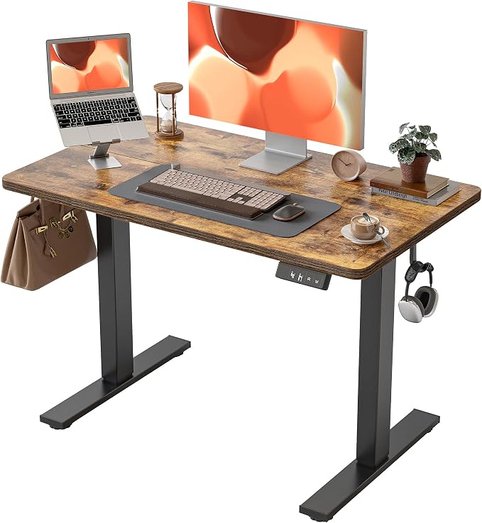 TIQLAB Height Adjustable Electric Standing Desk, 40 x 24 inch, Sit Stand Up Desk, Splice Board, Computer Home Office Desk, Rustic Brown Top by TIQLAB