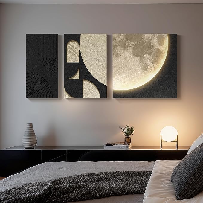 3D LED Abstract Wall Art for Living Room, 3 Piece Neutral Geometric Relief Artwork with Moon Design, Modern Minimalist Black Beige Paintings Wall Decor for Bedroom Dining Room Hallway Entryway Office - Image 6