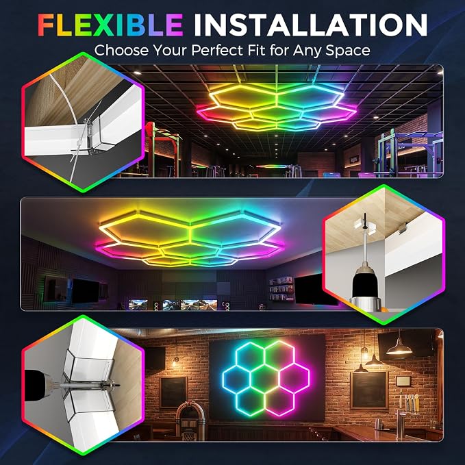 RGB Hexagon Garage Lights 7 Hex, Duplex Signal RGB Hexagon Led Lights with Music Sync Mode, Easy Setup RGB Ceiling Lights for Garage, Gym, Studio, Gaming Room, Party, Bar - Image 7