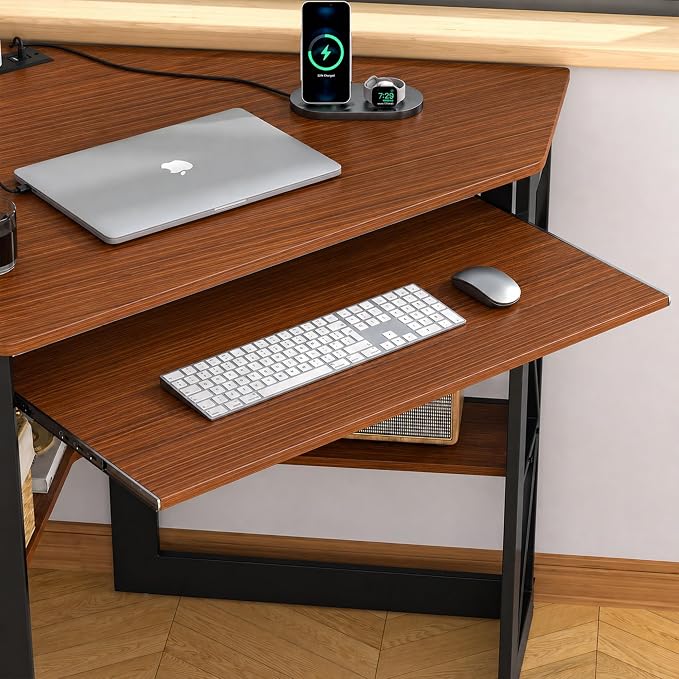 VECELO Corner Desk, Triangle Computer Desk for Small Space with Charging Station and Keyboard Tray, Corner Makeup Table with Storage Shelves for Home Office Bedroom, 41x30, Teak Brown - Image 5