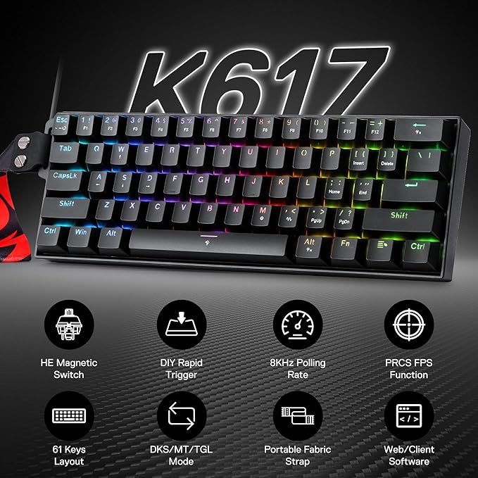 Redragon K617 HE Wired Hall-Effect Rapid Trigger Magnetic Gaming Keyboard | 8K Polling Adjustable Actuation, 61 Keys Design for More Room to Aim, Swap-Ready Socket for Mod, RGB Pro Software Supported - Image 2