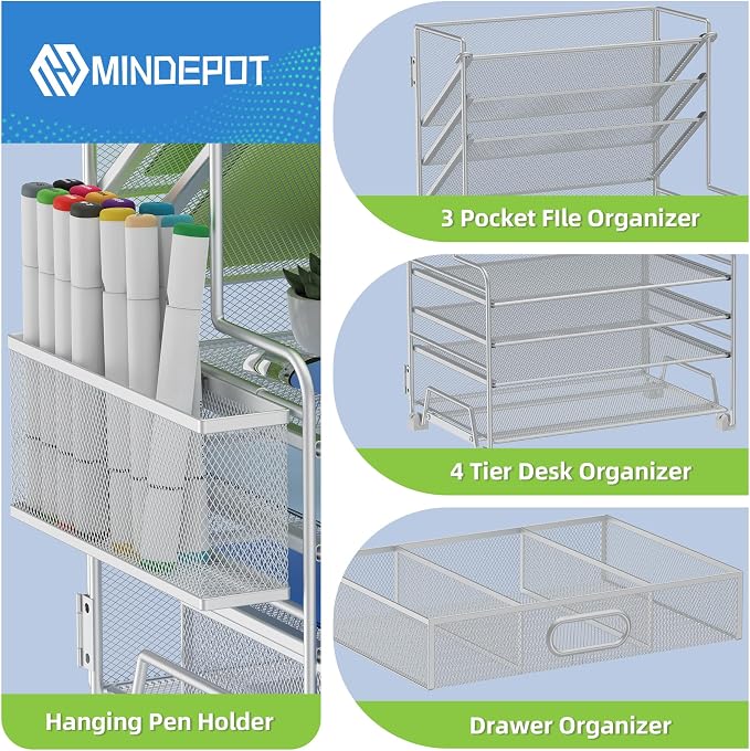 MINDEPOT 4-Tier Paper Organizer + 3-Pocket File Holder + Drawer + Pen Holders, Desktop File Organizers Paper Tray for Office Supplies School Classroom Organization (Silver, with Drawer & Pen Holder) - Image 3