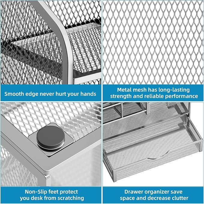 Marbrasse Mesh Pen Holder for Desk, Pen Organizer with Drawer, Multi-Functional Pencil Organizer, Desk Organizers and Accessories for Office Art Supplies (Silver) - Image 6