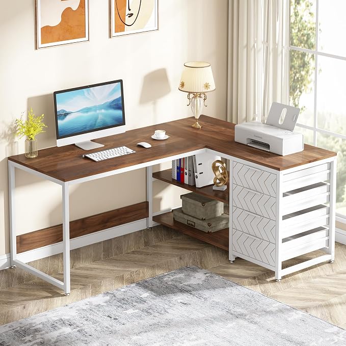 Tribesigns L Shaped Computer Desk with Storage Drawers, 59 inch Corner Desk with Shelves, Reversible L-Shaped Office Desk Study Writing Table Workstation for Home Office, Walnut & White by Unknown