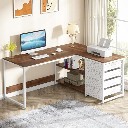Tribesigns L Shaped Computer Desk with Storage Drawers, 59 inch Corner Desk with Shelves, Reversible L-Shaped Office Desk Study Writing Table Workstation for Home Office, Walnut & White by Unknown